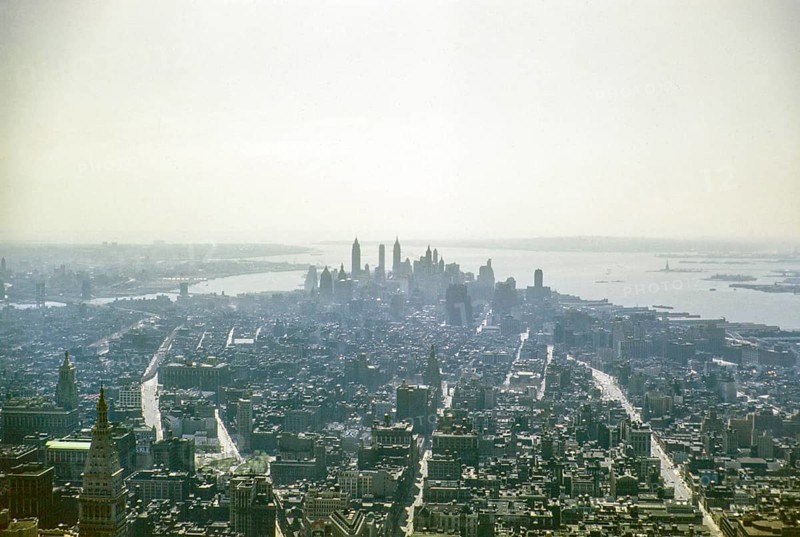 View from the Empire State Building to the skyscraper of Lower Manhattan, New York, NY State, USA around 1953
