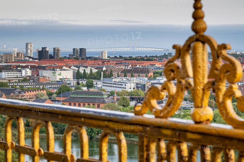 View from the tower of Vor Frelsers Kirke to the island of Amager, the Öresund Bridge or Øresundsbron and Malmö, Copenhagen, Denmark