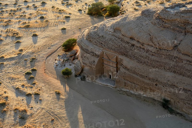 Nabataean tomb at the rock Qasr Al-Bint, blue hour, Hegra or Madain Salih, AlUla region, Medina province, Saudi Arabia, Arabian Peninsula