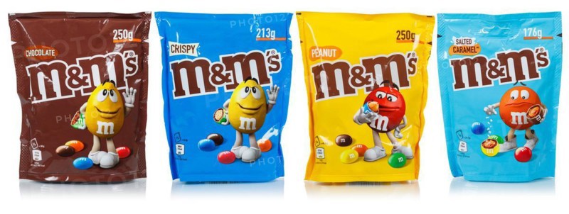 Various types of M&M's chocolate lentils from Mars Inc. cut-out isolated