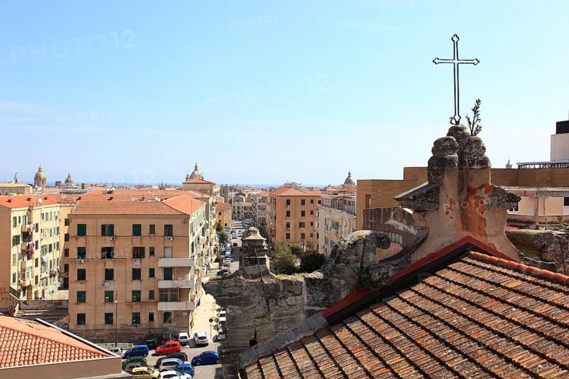 City of Palermo, view from the Campanile di San Giuseppe Cafasso to the cross of the Chiesa San Giovanni degli Eremiti and the city, Sicily, Italy