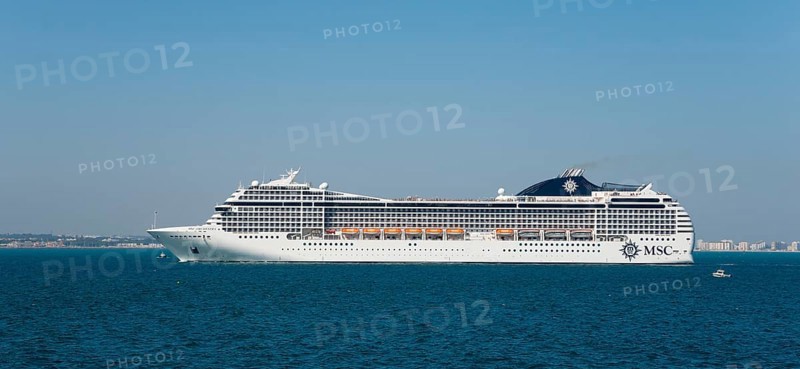 Large cruise ship on open sea with clear sky, MSC cruise ship, MSC Orchestra, Cádiz, Cadiz, Andalusia, Spain