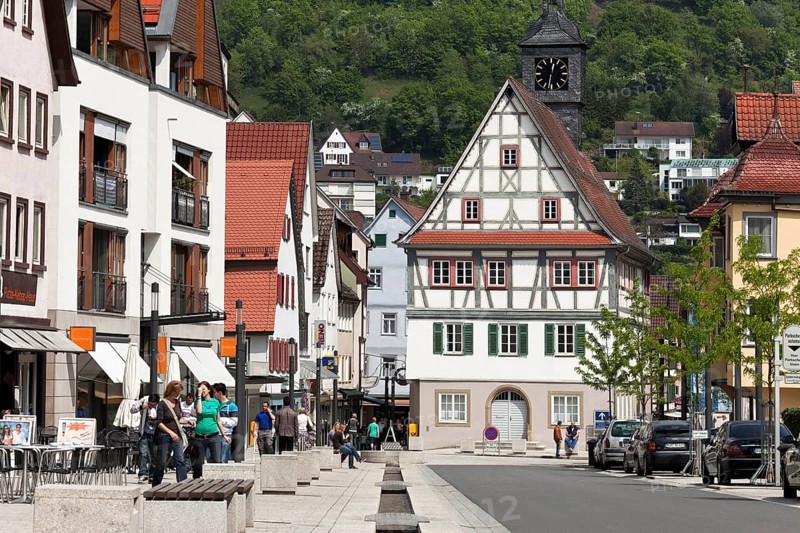Obere Hauptstrasse with stream and town hall Künzelsau Germany