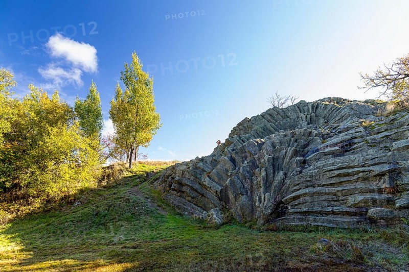 Exposed basalt columns from volcanic times, the so-called palm frond, Hirtstein, Marienberg, Erzgebirge, Saxony, Germany