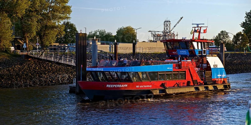 Harbour ferry MS Reeperbahn from HADAG's 2000 series at the Bubendey-Ufer ferry terminal in the Port of Hamburg, Germany
