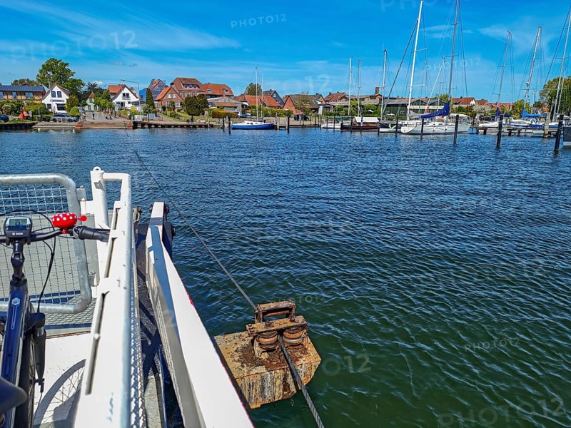 View of Germany's smallest town Arnis on the Schlei, grinding ferry, cable ferry for people and cars, bicycle, wire ropes, landing stage, transport technology, marina with sailing boats, blue sky, sunshine, Sundsacker, Winnemark, landscape Schwansen, Schleswig-Holstein, Germany