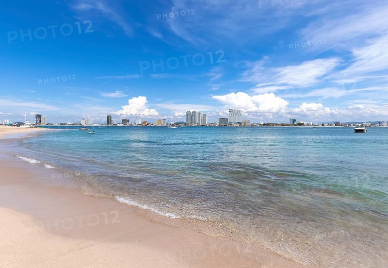 View from Deer Island, Isla de Venados, of famous Mazatlan sea promenade El Malecon, with ocean lookouts, luxury hotels, beaches and scenic landscapes