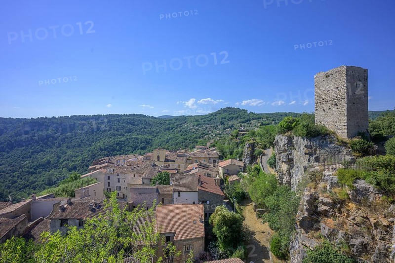 View of the old town and tower from the Belvedere, Châteaudouble, Département Var, France