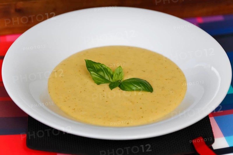 Swabian cuisine, potato soup, soup dish, typical Swabian, traditional cuisine, grandmother's kitchen, basil leaves, food photography, studio, Germany