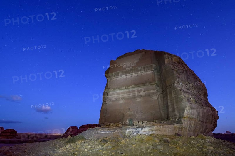 Qasr Al-Farid, 2000 year old Nabataean tomb, blue hour, Hegra or Mada'in Salih, AlUla region, Medina province, Saudi Arabia, Arabian Peninsula