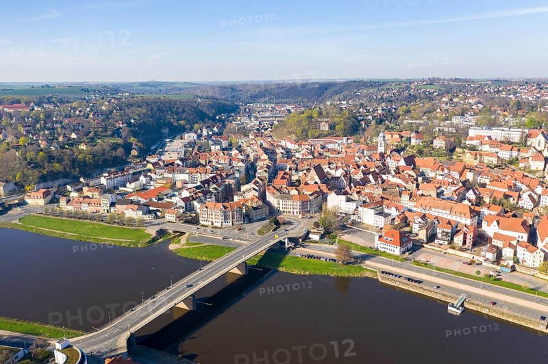 Aerial view of the city, old Elbe bridge, Elbe and old town with Church of Our Lady, in the background the Triebisch valley, Meissen, Saxony, Germany