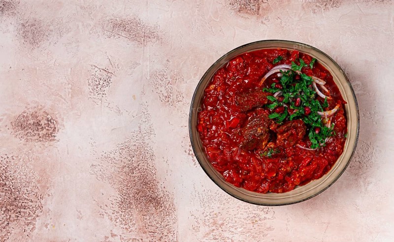 Chashushuli, a traditional Georgian dish, spicy, stewed meat with tomatoes and spices, homemade, no people