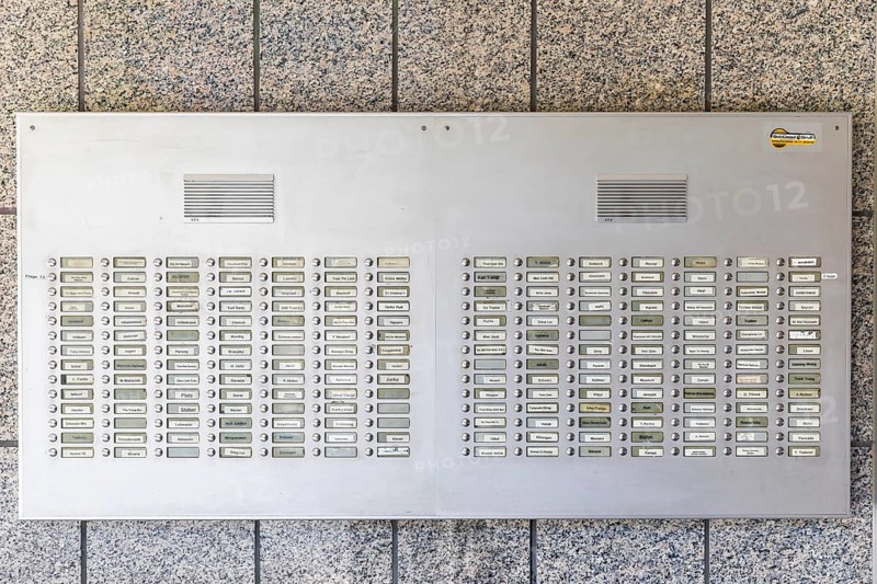 Large doorbell system with intercom on a high-rise building, Chemnitz, Saxony, Germany