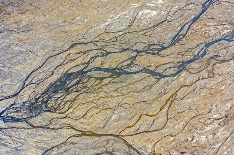 Aerial view over river delta at Skansbukta in the outer Billefjorden, Billefjord, southeast of Dickson Land, Svalbard, Spitsbergen, Norway