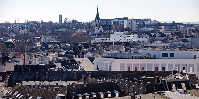 View from the city church tower over the roofs of Giessen city centre, which was almost completely destroyed after the Second World War, Hesse, Germany