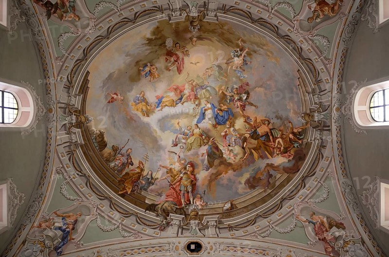 Ceiling painting, interior photograph, St. George Catholic Parish Church, Neustift, Stubai Valley, Tyrol, Austria
