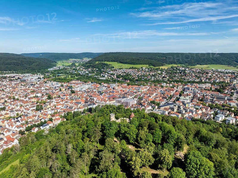 Aerial view of the town of Tuttlingen, in the foreground the ruins of Honburg Castle on the Honberg, district of Tuttlingen, Black Forest, Baar, Heuberg, Baden-Württemberg, Germany