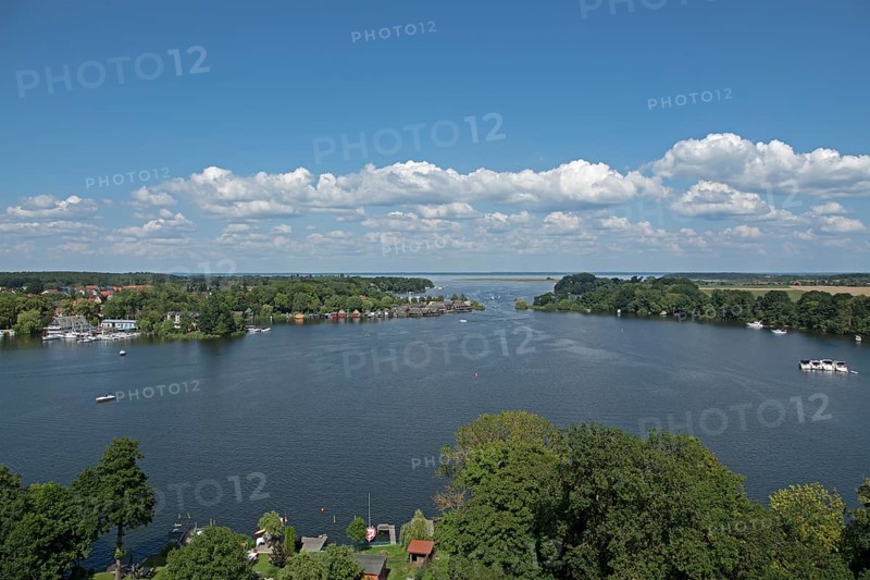 View from the tower of St Mary's Church, Müritz, lake, boats, boathouses, holiday homes, Röbel, Müritz, Mecklenburg Lake District, Mecklenburg-Western Pomerania, Germany