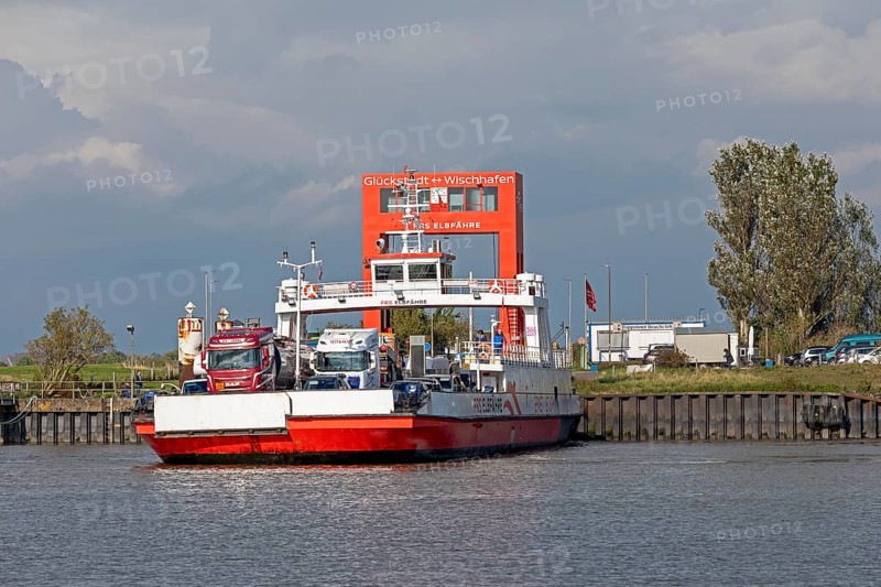 Wischhaven-Glückstadt-Fähre is located at the ferry terminal, Glückstadt, Elbe, Schleswig-Holstein, Germany