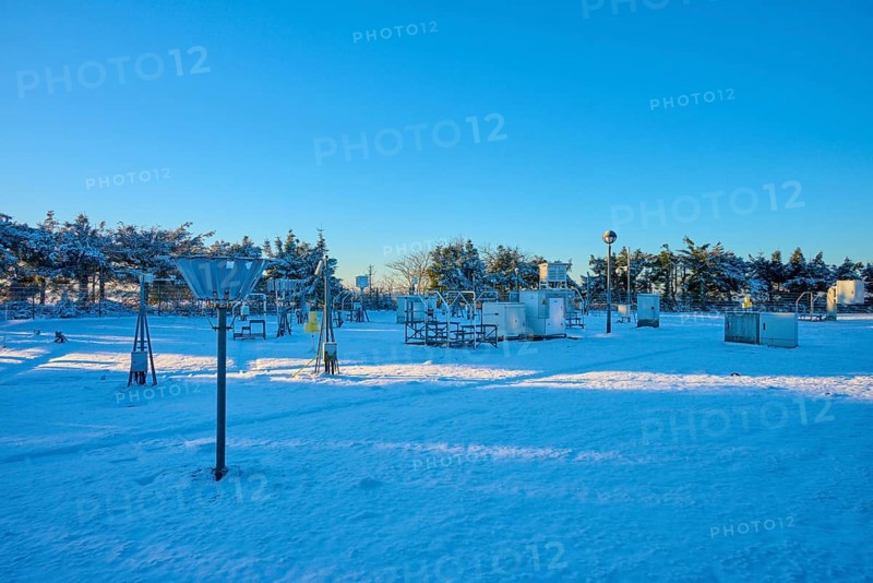 Snow-covered weather station with technological devices, blue sky, winter, Wasserkuppe, Gersfeld, Rhön, Hesse, Germany
