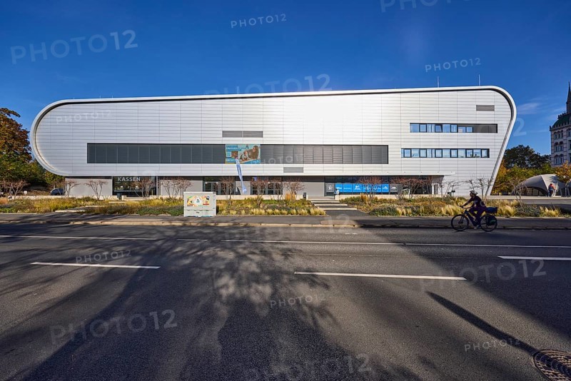 BallsportARENA Dresden, ball sports arena, modern architecture, deep blue sky with veil clouds, Magdeburger Straße and Weißeritzstraße, Dresden, state capital, independent city, Saxony, Germany