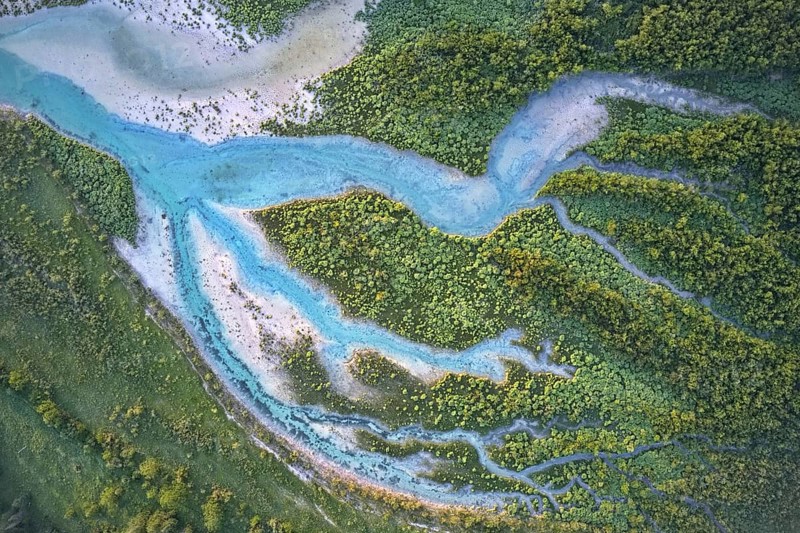 Branched wild river with blue water in forest landscape from above, drone photography, Bavaria, Germany