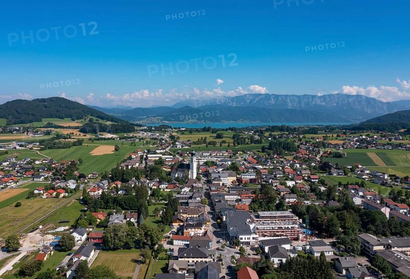 Drone shot, panorama shot, agricultural landscape, Sankt Georgen im Attergau, Salzkammergut, Hausruckviertel, Upper Austria, Austria