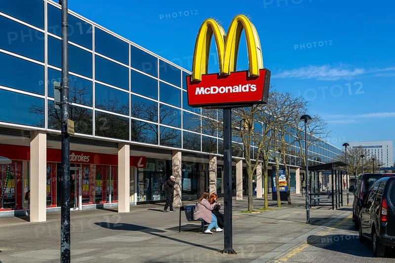 McDonald's sign in Midsummer Place shops, Milton Keynes Central, Buckinghamshire, England, UK