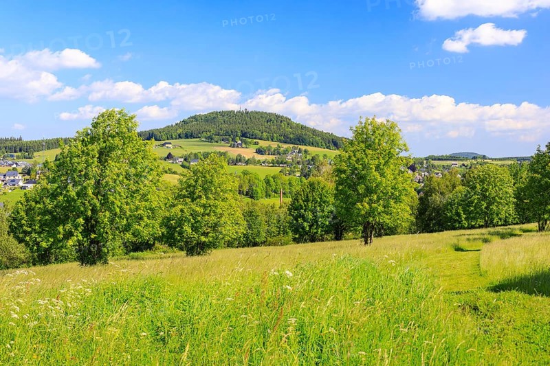 Town and mountain Bärenstein in the Ore Mountains, in the background the Pöhlberg, view from Weipert in the Czech Republic