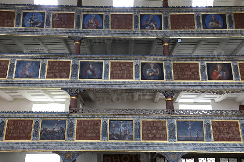 Interior, gallery, Cathedral of the Rhön, Protestant church, Helmershausen, Rhönblick parish, Schmalkalden-Meiningen district, Thuringia, Germany