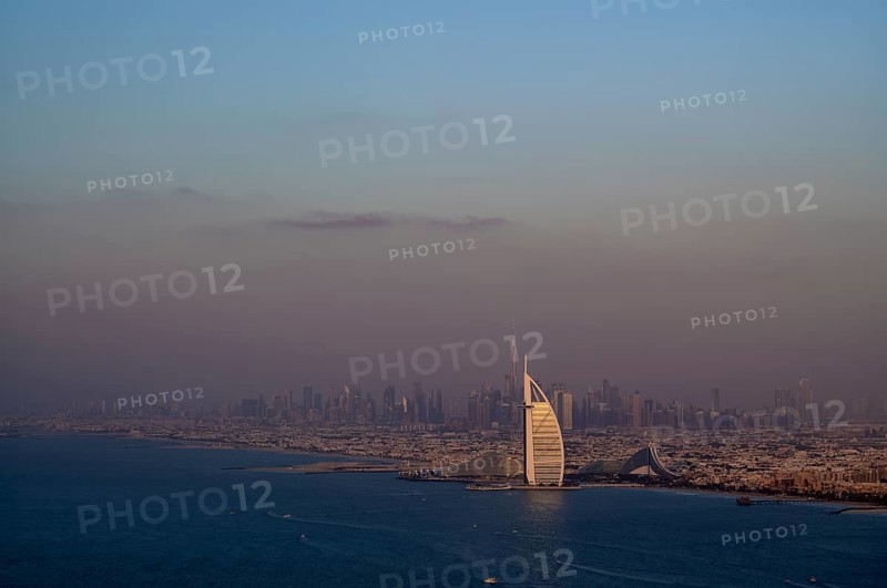 View from viewing platform The View At the Palm, on Hotel Burj al Arab, Burj Khalifa, Downtown, Palm Jumeirah, evening light, Dubai, United Arab Emirates, VAR