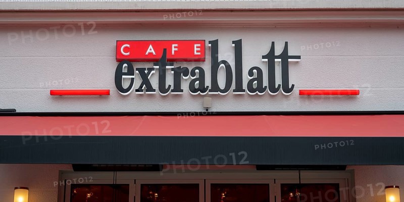 Cafe Extrablatt, lettering and logo on the façade, Soest, North Rhine-Westphalia, Germany