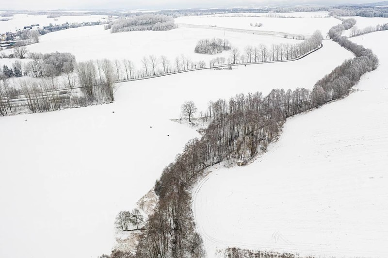Aerial view of a winding tree-lined stream in the snow, between Eppendorf and Leubsdorf, Central Saxony, Germany