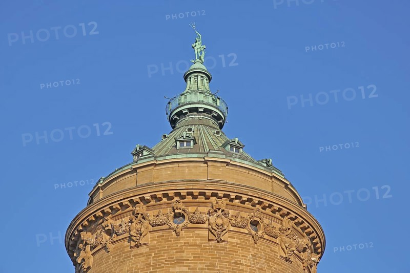 Top of the water tower built in 1889 with Amphitrite, Aphrodite, figure, landmark, detail, sculpture, goddess of love, water tower, Friedrichplatz, Mannheim, Hesse, Germany