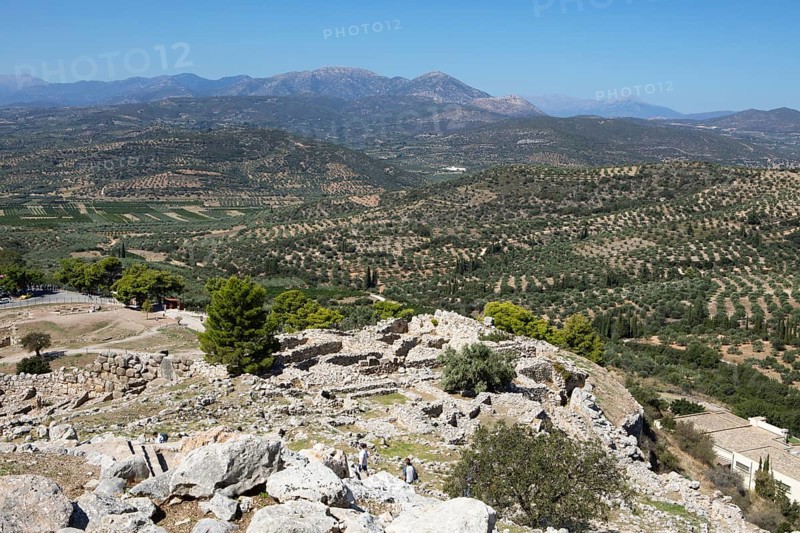 View of olive groves from the citadel, Mycenae, Greek archaeological site, Argolis, Peloponnese, Greece