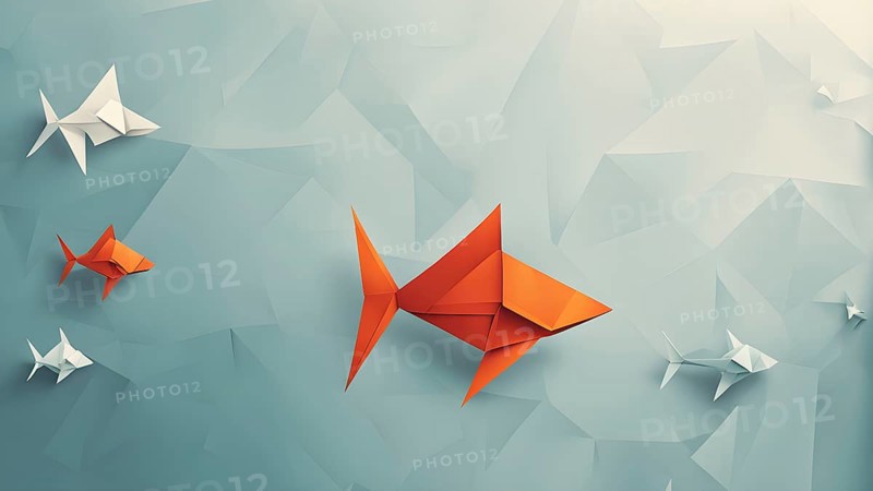 Abstract origami fish wallpaper illustration, AI generated