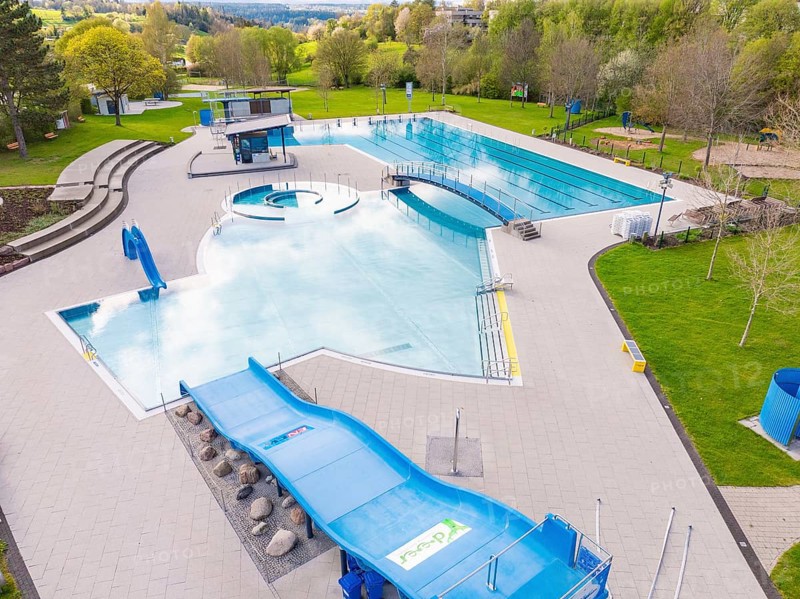 Large outdoor swimming pool with water themes and various slides, Calw Stammheim outdoor pool, Calw, Black Forest, Germany