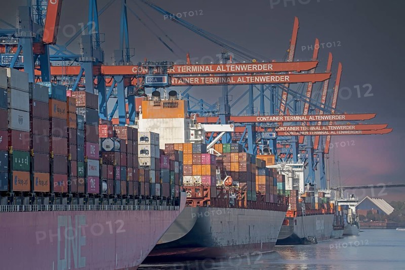 Container ships, container port, Altenwerder, CTA, container giants, One, shipping company, crane, container bridge, logistics, economy, shop, Hamburg, Germany