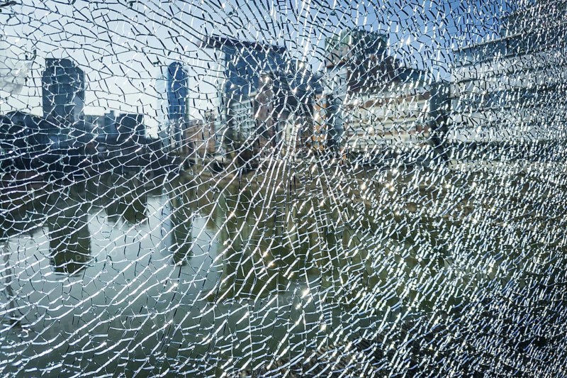 Shattered glass pane, crime, vandalism, harbour, Düsseldorf, North Rhine-Westphalia, Germany