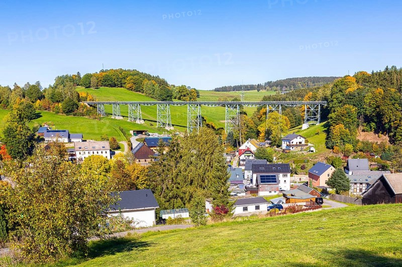 Town view with Markersbach viaduct, historic metal railway bridge in Raschau-Markersbach, Erzgebirge, Saxony, Germany