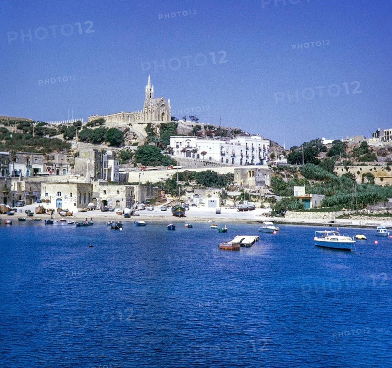 View from ferry arriving at Mgarr, Gozo, Malta, Europe 1971