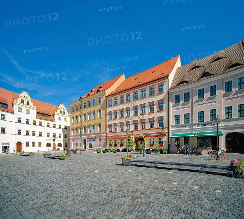 Market square with town houses and Mohren pharmacy, Torgau, Saxony, Germany