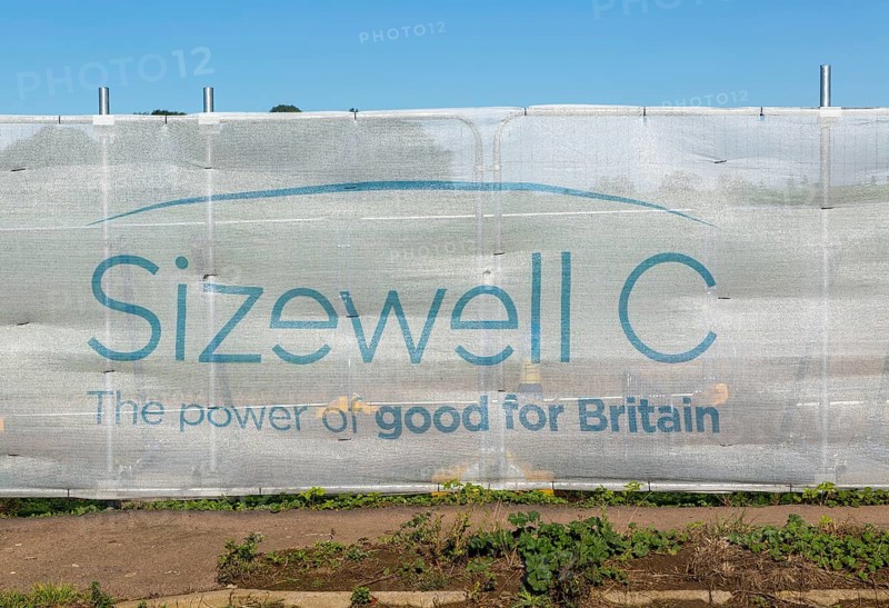 Sizewell C power station construction site screen for staff park and ride site, Wickham Market, Suffolk, England, UK