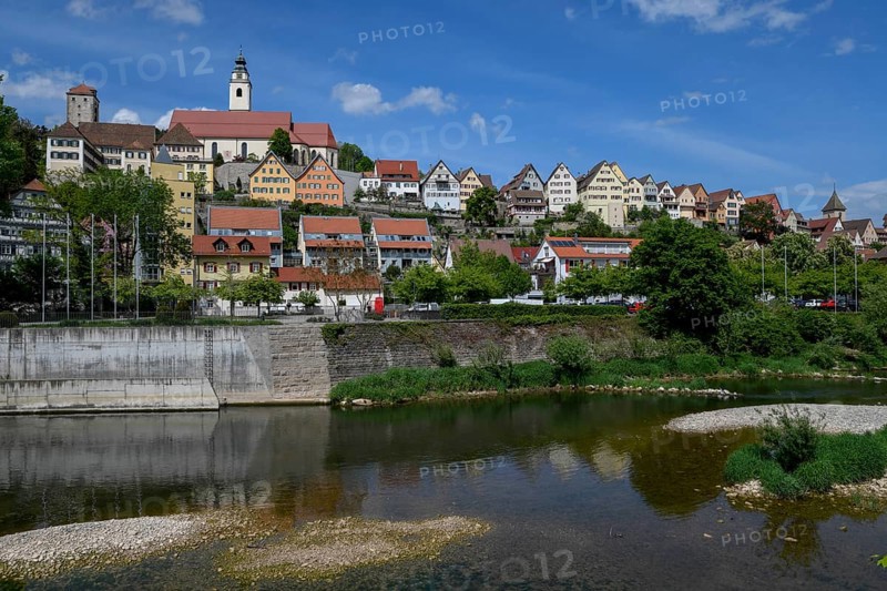 View of Horb am Neckar with the former Dominican monastery, the collegiate church Heilig Kreuz and the Schurkenturm, Baden-Württemberg, Germany