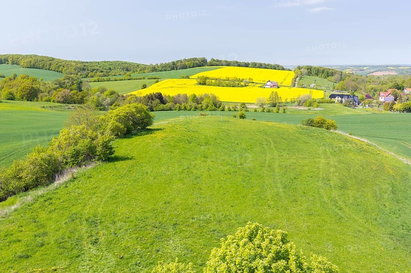 View of fields and pastures from the historic Wartturm Wehnder Warte, Lindenberg im Eichsfeld, Thuringia, Germany