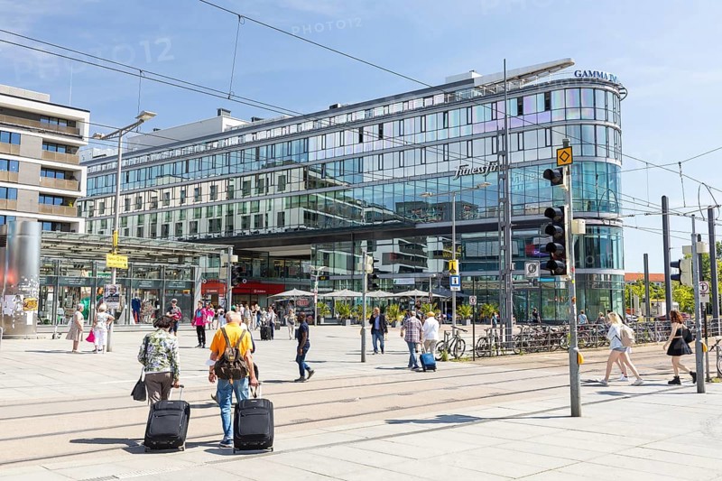 Wiener Platz in front of the main railway station with Prager Spitze office block, Dresden, Saxony, Germany