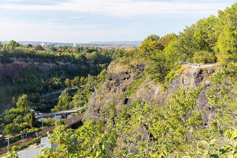 Viewpoint above the Felsenkeller in the Plauenscher Grund, the valley of the Weißeritz with rocks, bridges and city view in the background, Dresden, Saxony, Germany