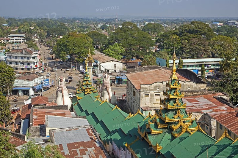 View over the city Pyay, Prome seen from the Buddhist Shwesandaw pagoda, Bago Region, Myanmar, Burma