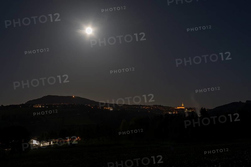 View from north to Pöhlberg and Annaberg-Buchholz with St.-Annen church, full moon night, Erzgebirge, Saxony, Germany