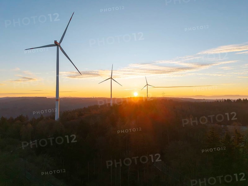 Tranquil landscape with wind turbines at sunrise over wooded area, wind farm, Rems Valley, Baden-Württemberg, Germany